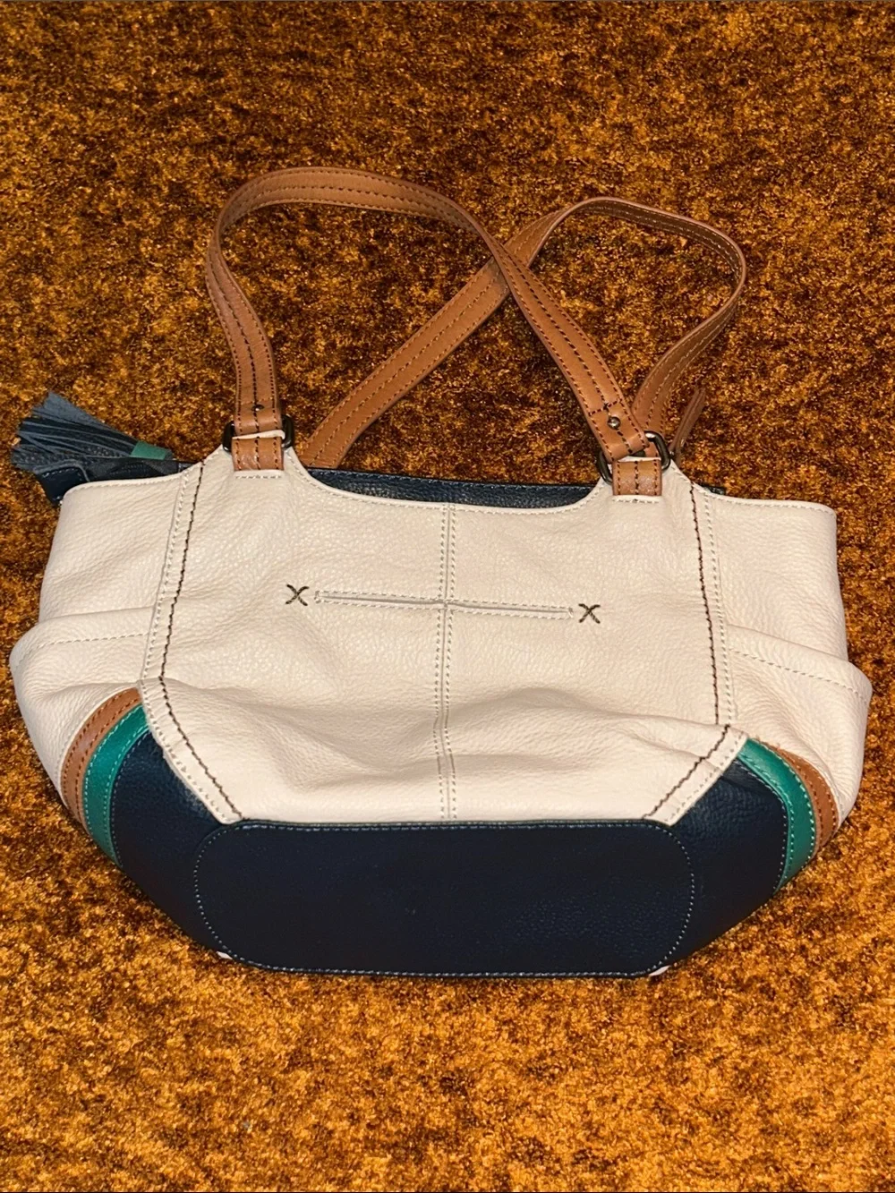 The Sak Cream, Navy & Teal Colorblock Shoulder Bag with Tan Handles
